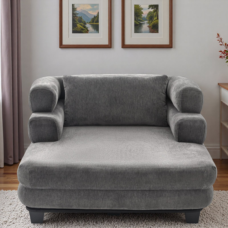 Chaise longue moderne en chenille avec assise profonde et accoudoirs superposés, Grey