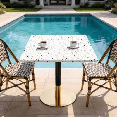 24" Square Terrazzo Commercial Outdoor Table with Pedestal Base – Modern Patio Café Table for Restaurant, Hotel & Hospitality Spaces
