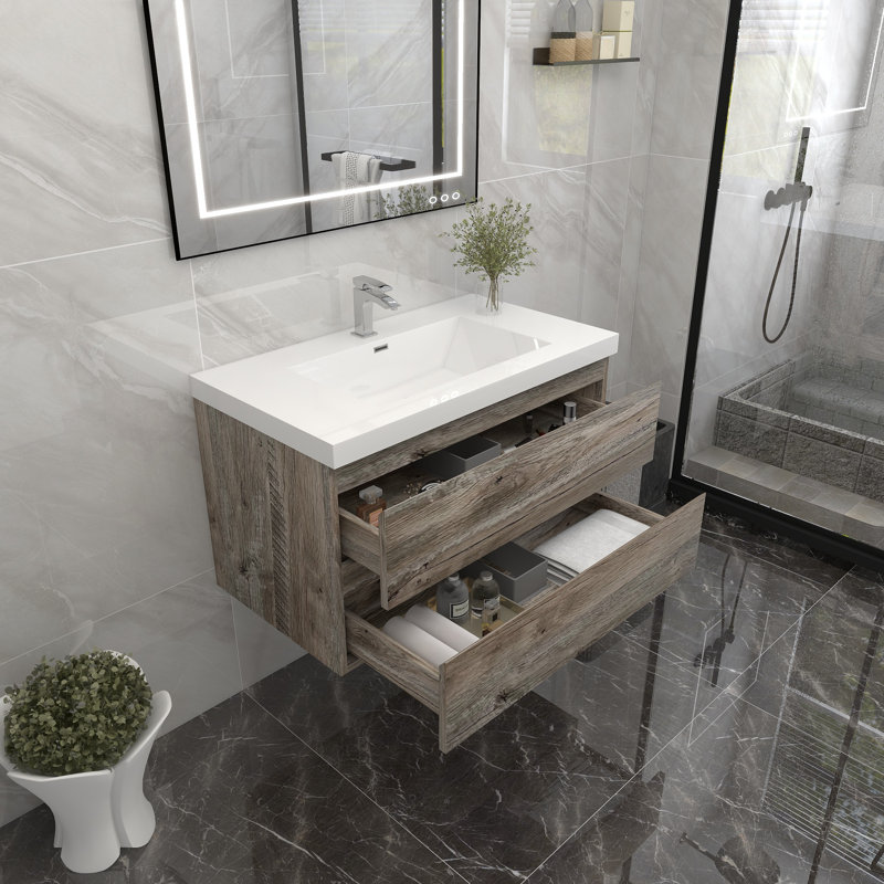 Deboser 36'' Single Bathroom Vanity with Acrylic Top, Nature Wood