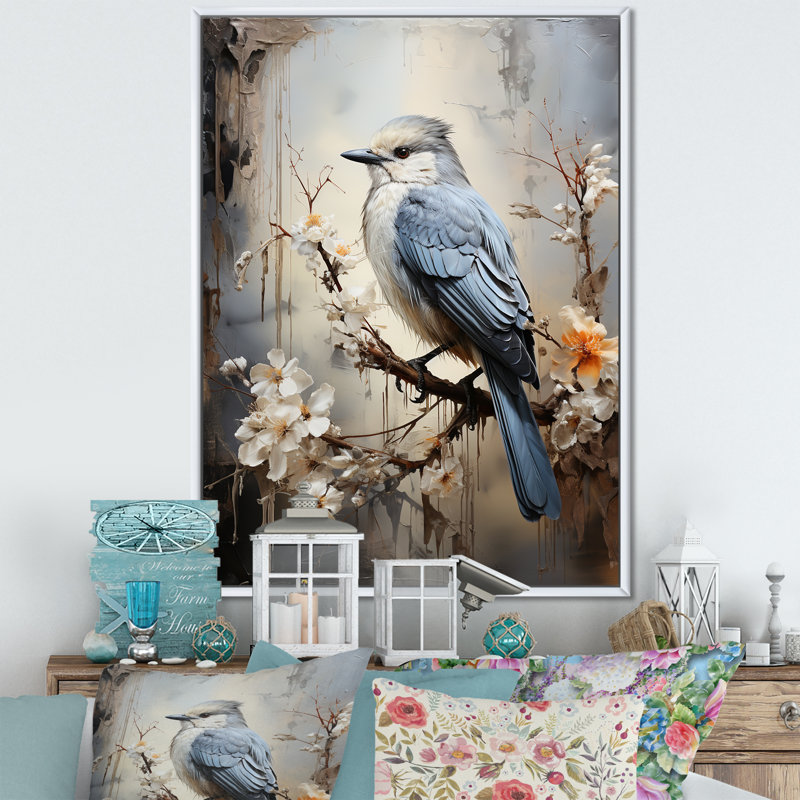 «Misty Blueray Bird on Branch II», reproduction d'art mural, H 40 po x l 30 po x P 1,5 po, Cadre flottant blanc