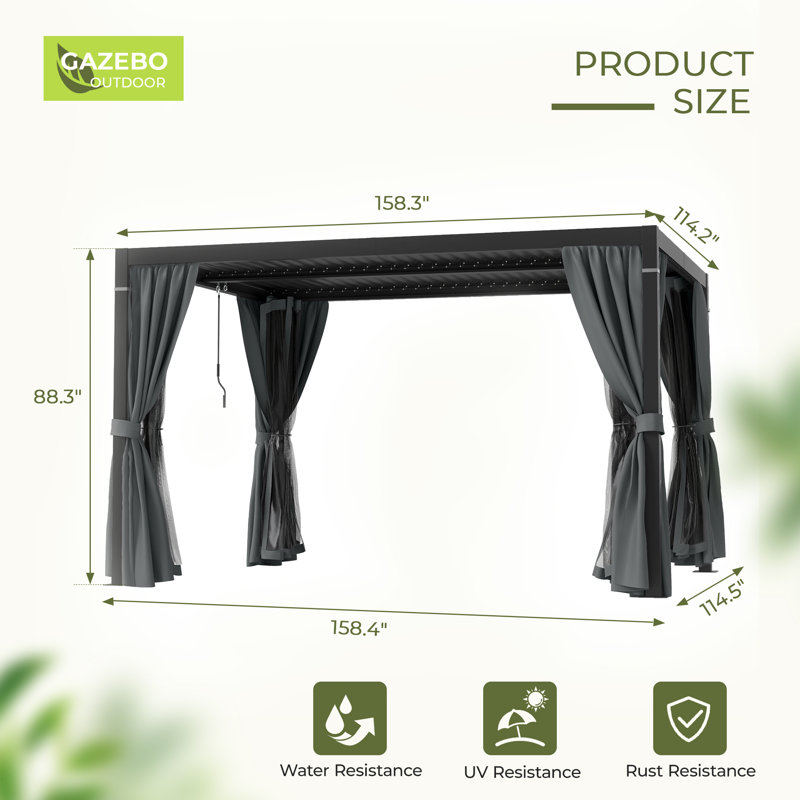 Aluminum Louvered Pergola with Adjustable Roof and Curtains, Black, 13 Ft. W x 10 Ft. D