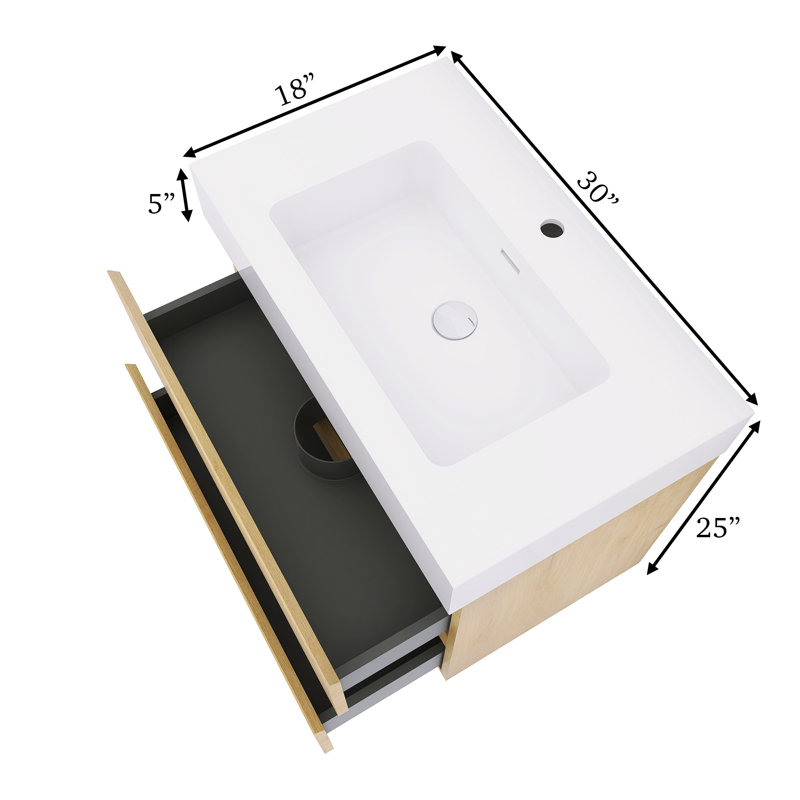 Meuble-lavabo flottant mural 30 po avec lavabo, Blanc, Naturel