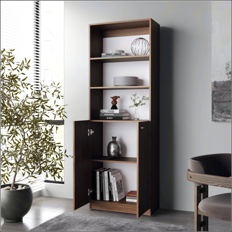 Bibliothèque à 2 portes en chêne naturel et blanc avec rangement ouvert, Chêne