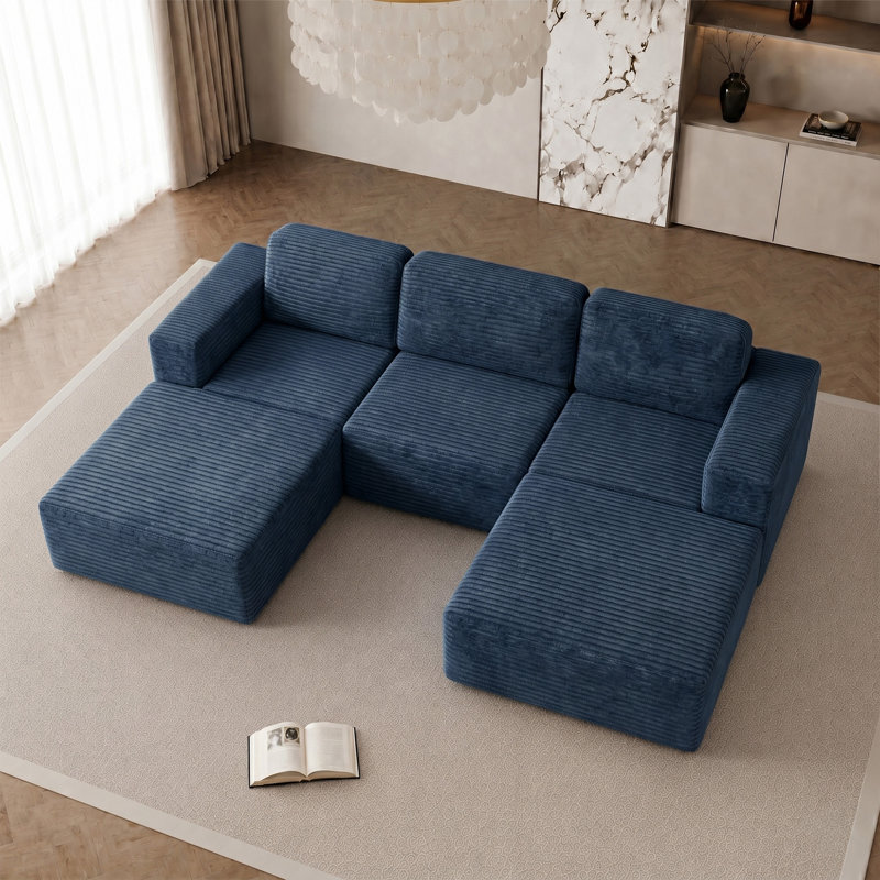Modular Corduroy Boneless Sofa With 2 Ottomans, No Assembly Required, With High Rebound Sponge, 93" H x 303" W x 205" D, Blue