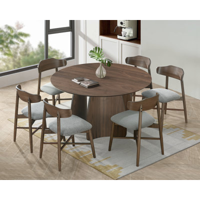 Watley Modern Solid Wood Round Dining Table Set With Curved Back Upholstered Chairs
