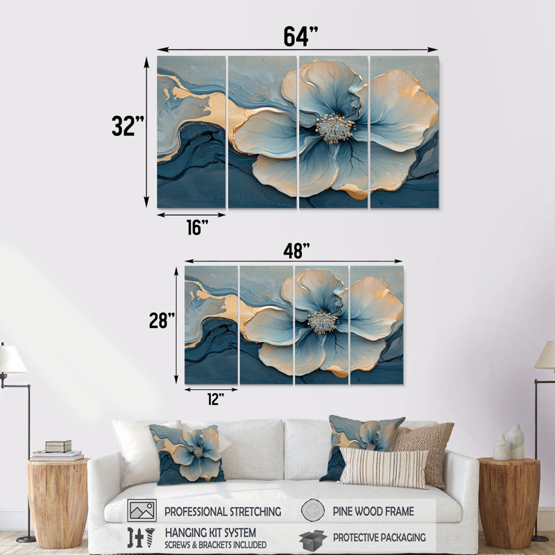 Abstrait géranium marbré en bleu doré I - Art mural marbré - Art mural moderne sur toile, H 32 po x l 64 po