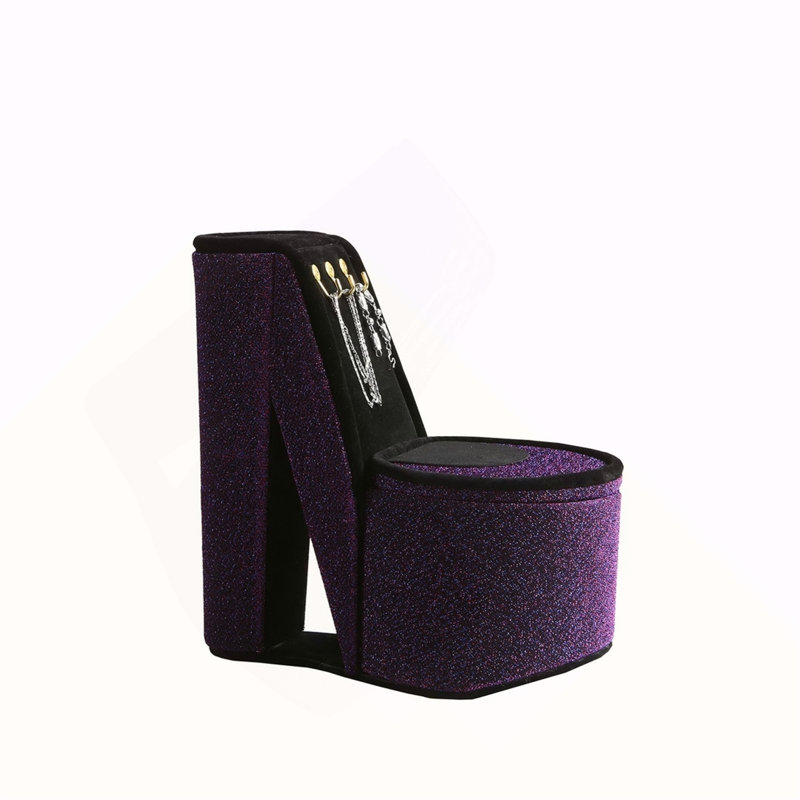 Boîte à bijoux haute 9 po avec crochets, chaussures à talons hauts, velours mauve, Mauve
