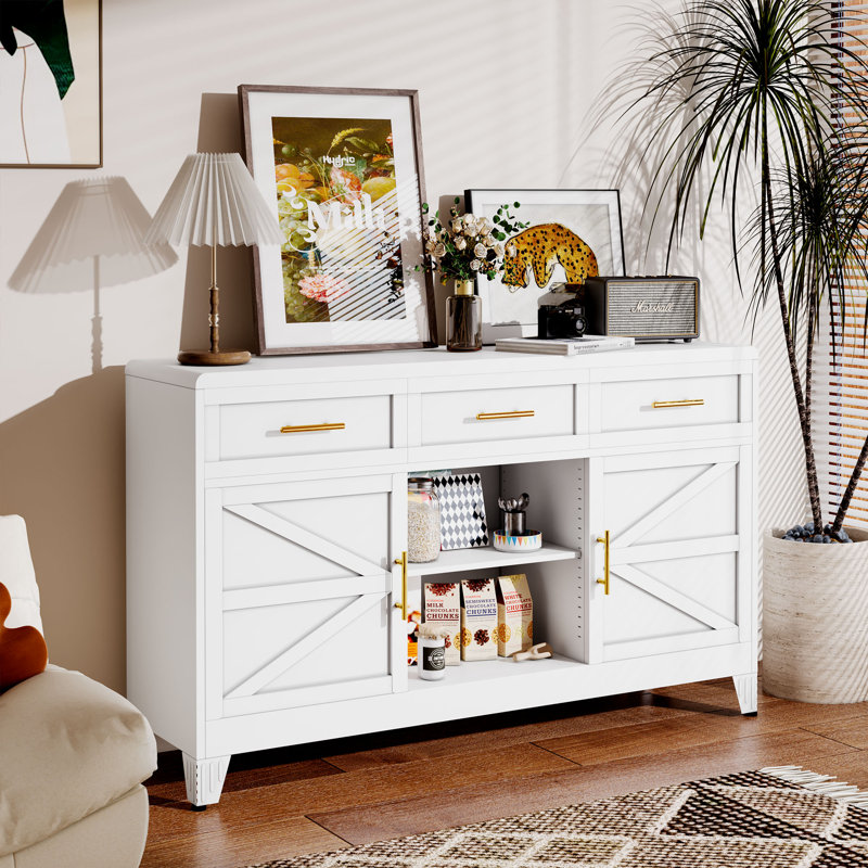 Buffet moderne en métal noir et blanc avec 2 portes et 3 tiroirs, H 35,83 po x l 59,06 po x P 15,75 po, Blanc