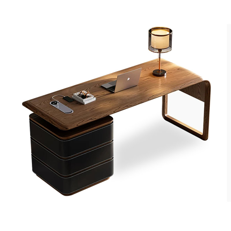 Bureau rectangulaire à 3 tiroirs en bois massif et manufacturé brun et noir, Noir, Retour à droite