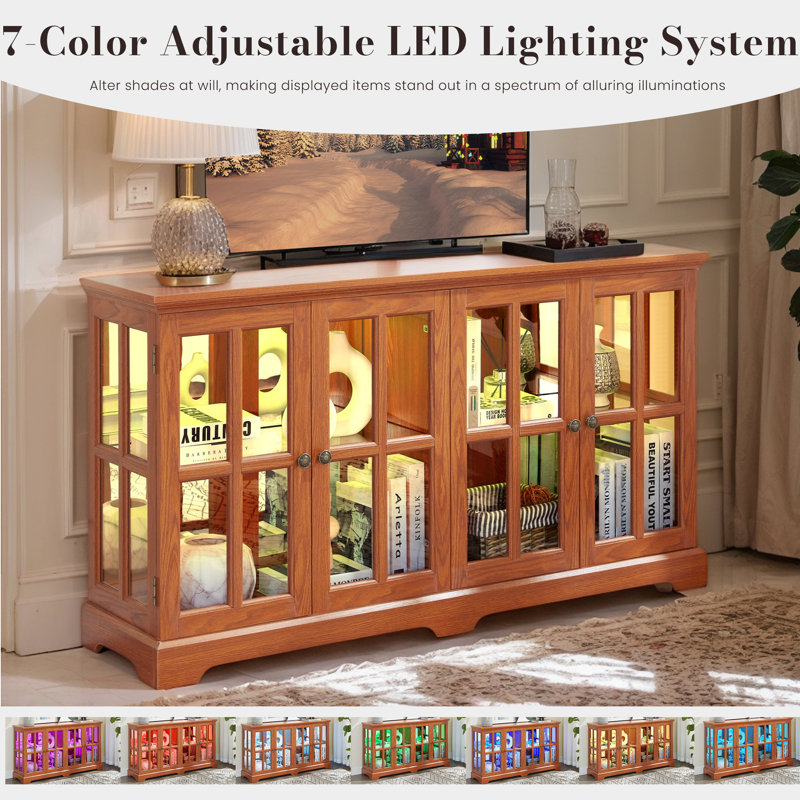 Eyisean 59" LED Curio Cabinet with 7 Color Lights, Vintage Glass Display Case with Glass Doors, Smartphone-Controlled, Short Wooden China Cabinet with Adjustable Shelves for Living Room, Entryway