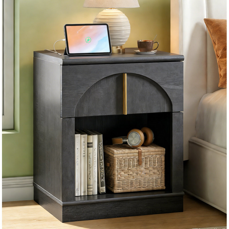 18"W Modern Arched Nightstand Set of 2，Bedside Table with Charging Station, Drawer and Open Shelf, Black, Set of 2