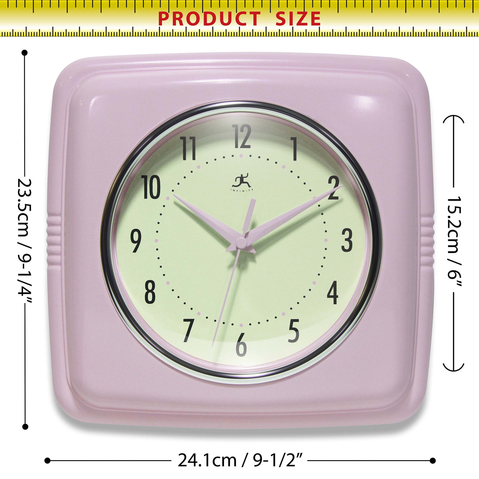 Orrwell Square Plastic Wall Clock 9.25 Inches, Pastel Pink
