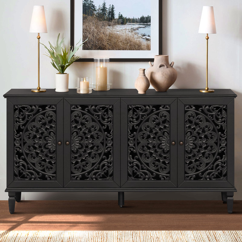 60" Antique Buffet Cabinet With Floral Carvings With Solid Wood Legs&Antique Brass Handles&Adjustable Shelves, Tv Stand For 65''+ Tv, Sideboard For Living Room,Dining Room