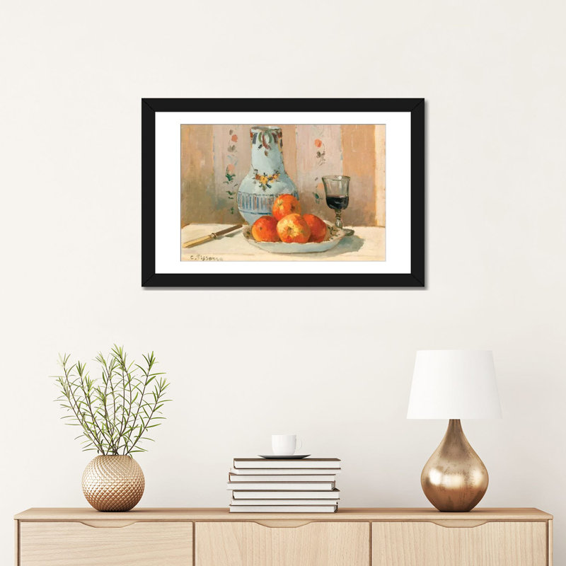 «Still Life with Apples and Pitcher», reproduction sur toile, H 16 po x l 24 po x P 1 po, Papier d'art encadré noir, Blanc