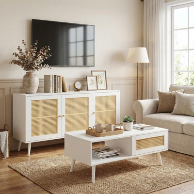 Living Room Table Sets of 2, Includes 47" Rattan TV Stand Storage Cabinet for 55" TV, Farmhouse Coffee Table with Storage Shelf for Bedroom