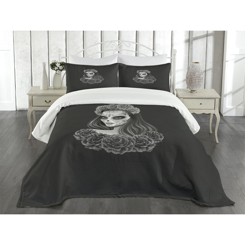 King Size Charcoal Gray Quilted Bedspread Set with Calavera Girl Design