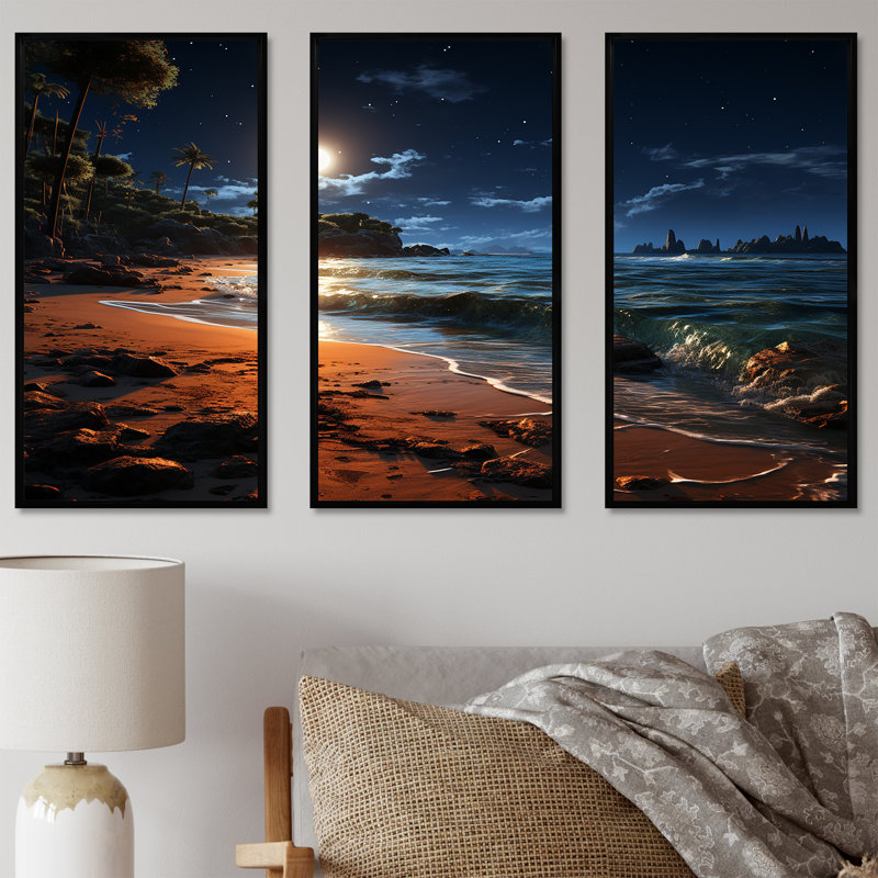 Mystic Tropical Beach Moonlight II - art mural plage, Cadre flottant noir, H 40 po x l 61 po x P 1 po