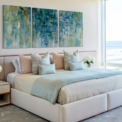3 Pieces Exculisive Abstract Teal Blue and Gold Textured Large Wall Art Modern Canvas, Modern Canvas Decor for Living Room, Bedroom, Office and Home