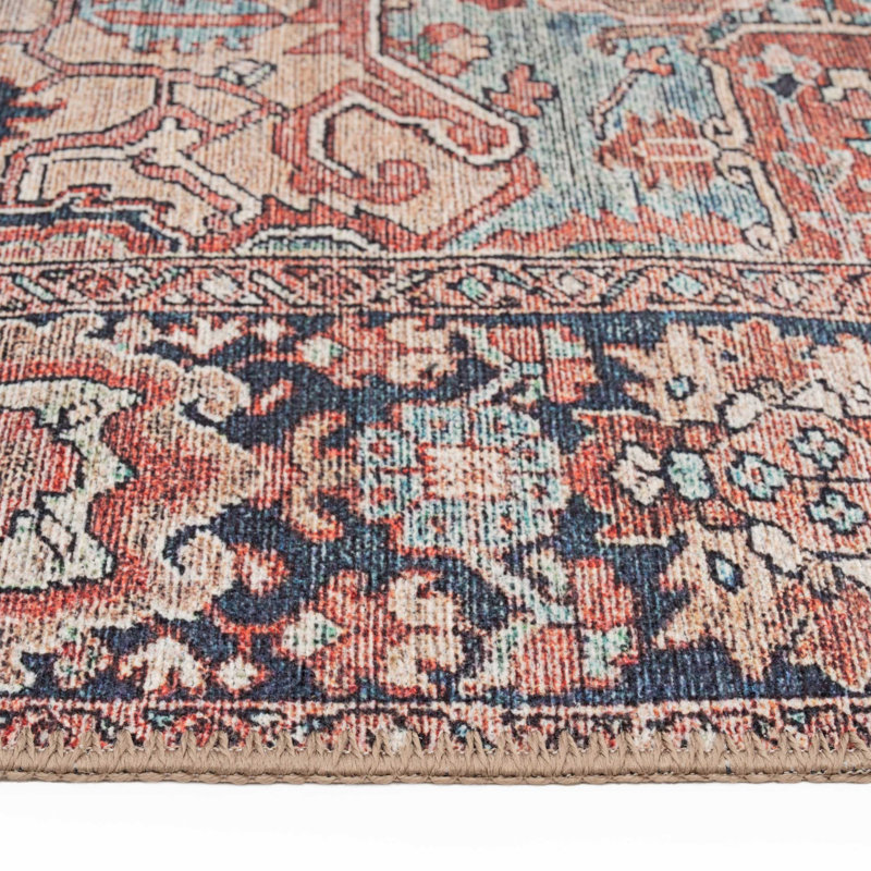 Machine Washable Red Traditional Tribal Patterned Distressed Living Room Area Rug, Runner 80 x 300cm
