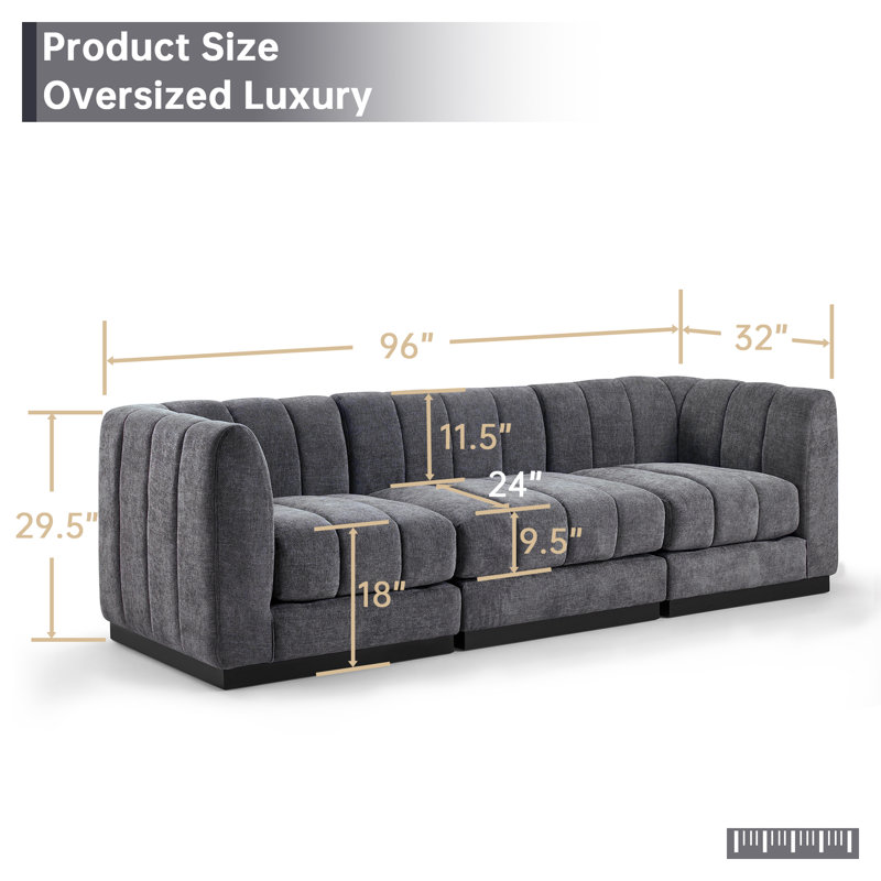 Myrhn Modular Sectional, 3-Seater Contemporary Sleeper with Solid Wood Base, Gray