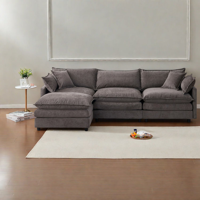 Modern Grey Chenille Modular Sofas, Comfortable 3-seater With Ottoman