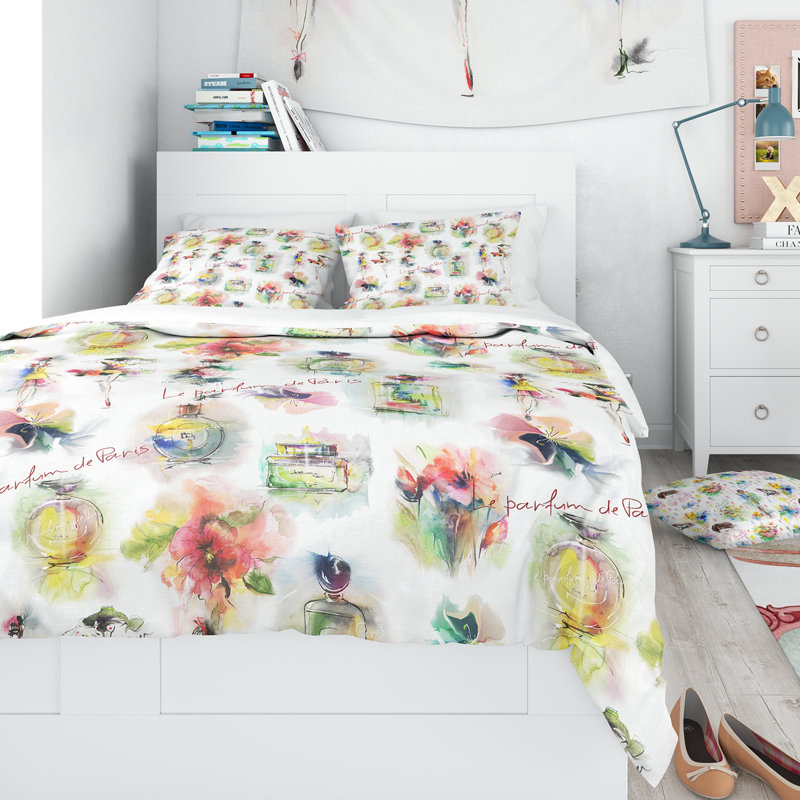 Ensemble de housse de couette designart en bouteilles et fleurs, Housse de couette très grand + 2 taies décoratives