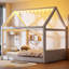 Lit de jour rembourré beige pleine grandeur en forme de maison, avec des couleurs blanches et chaudes, design en bois de pin, choix, structure en bois massif