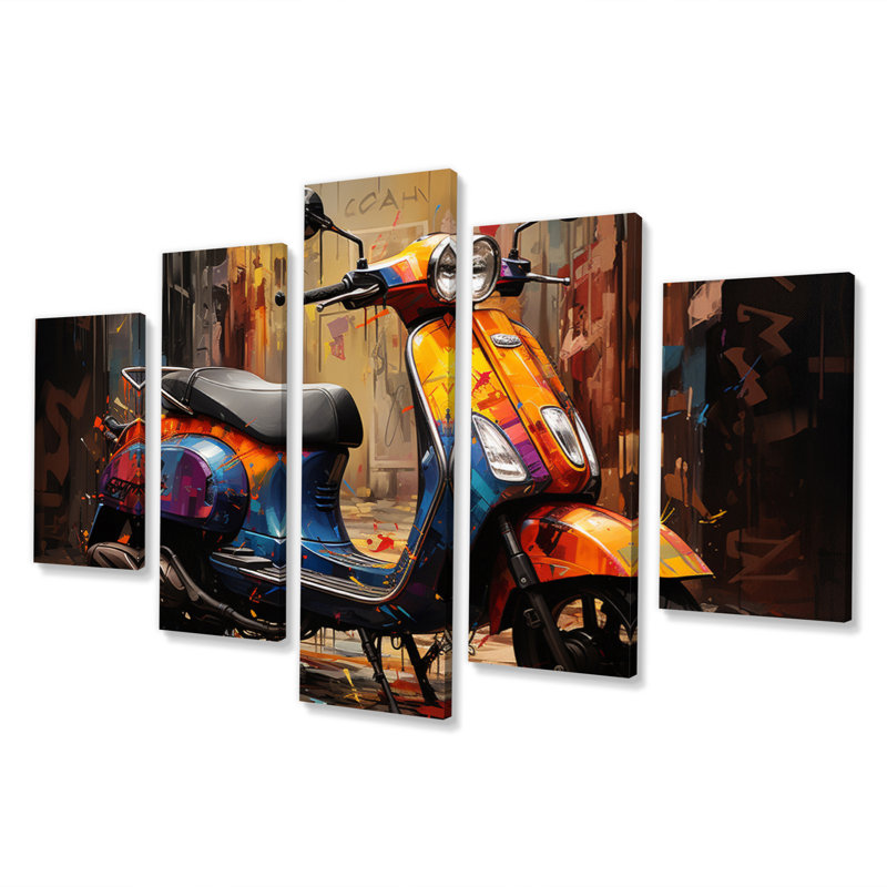 Scooter de rue orange et bleu - transport, impression d'art mural - 5 panneaux