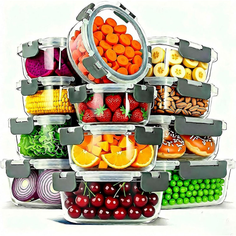 Ensemble de 12 contenants de rangement en verre borosilicaté empilables avec couvercle, gris