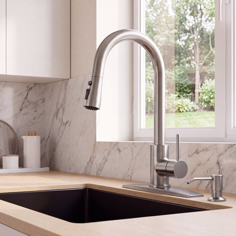 Forious® Ultra Pull Down Single Handle Kitchen Faucet with Soap Dispenser, Brushed Nickel