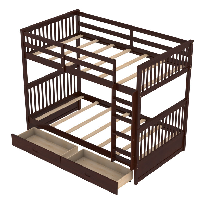 Felske Kids Bunk Bed with Drawers, Walnut,  Twin over Twin