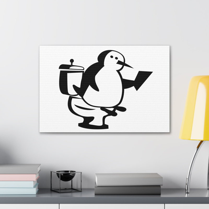 Caricature de pingouin lisant un journal sur une toilette, H 12 po x l 18 po