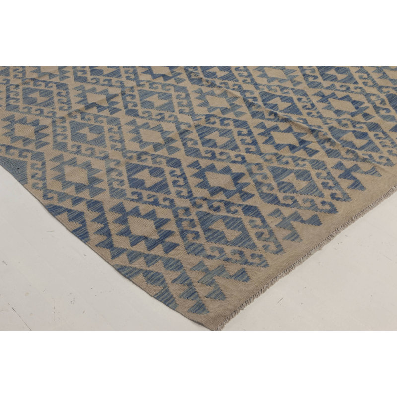 Tapis moderne en laine à tissage plat beige / bleu 12 pi 10 po x 17 pi 8 po Modern