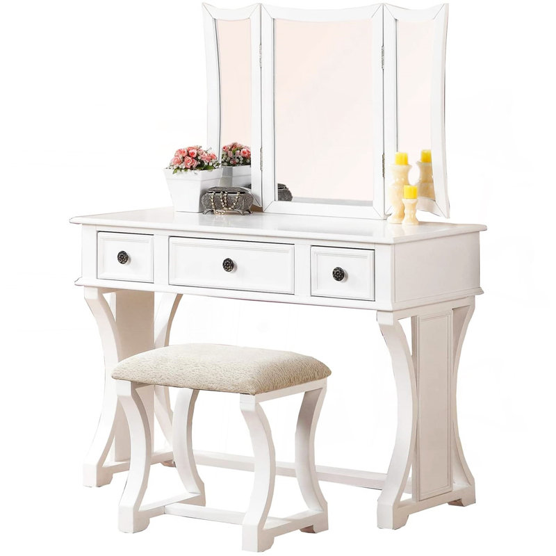 Unique Modern Bedroom Vanity Set W Stool Foldable Mirror Drawers White Color MDF Veneer 1Pc Vanity Furniture