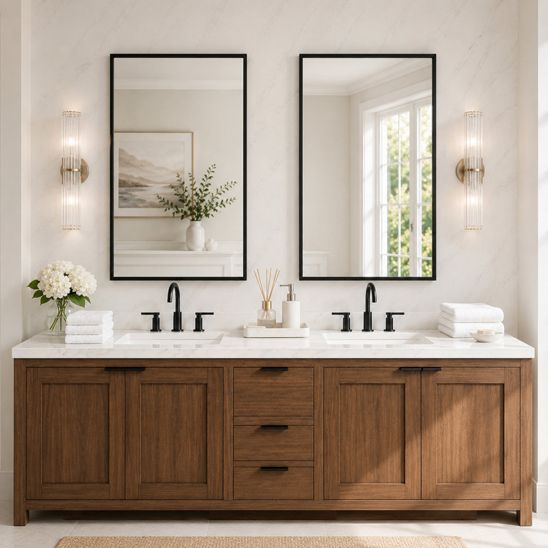 Ensemble de miroirs muraux modernes en verre trempé avec cadre en métal pour salle de bain, 36 po x 24 po, Noir mat