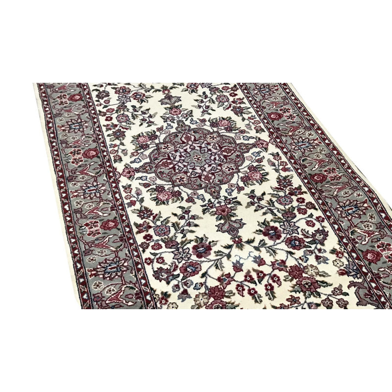 Tapis de couloir ivoire, gris et rouge noué à la main de haute qualité