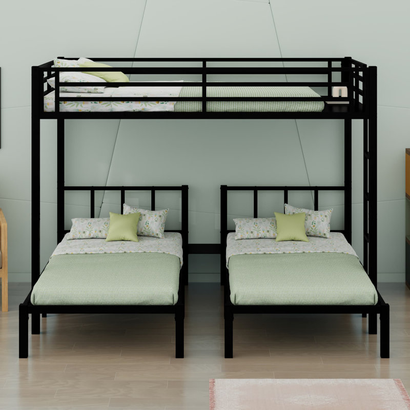 Metal Triple Bunk Bed With Safety Guardrails