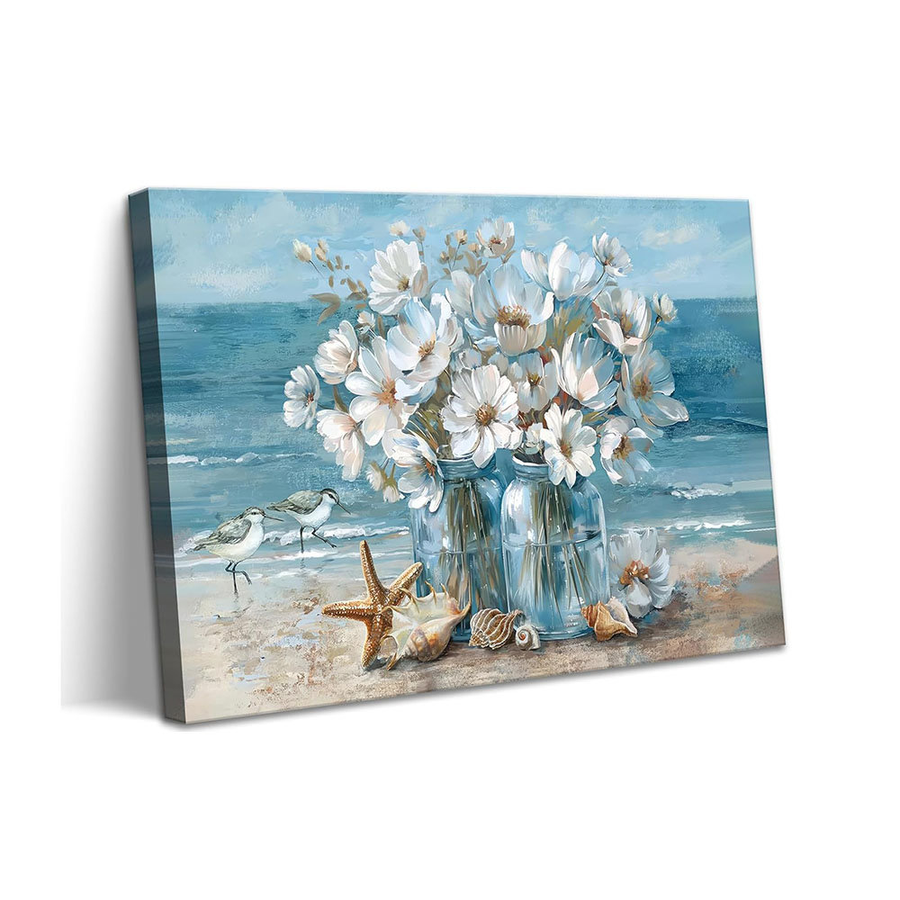 Highland Dunes Blue Coastal Beach Bathroom Wall Art Seaside Seashell ...
