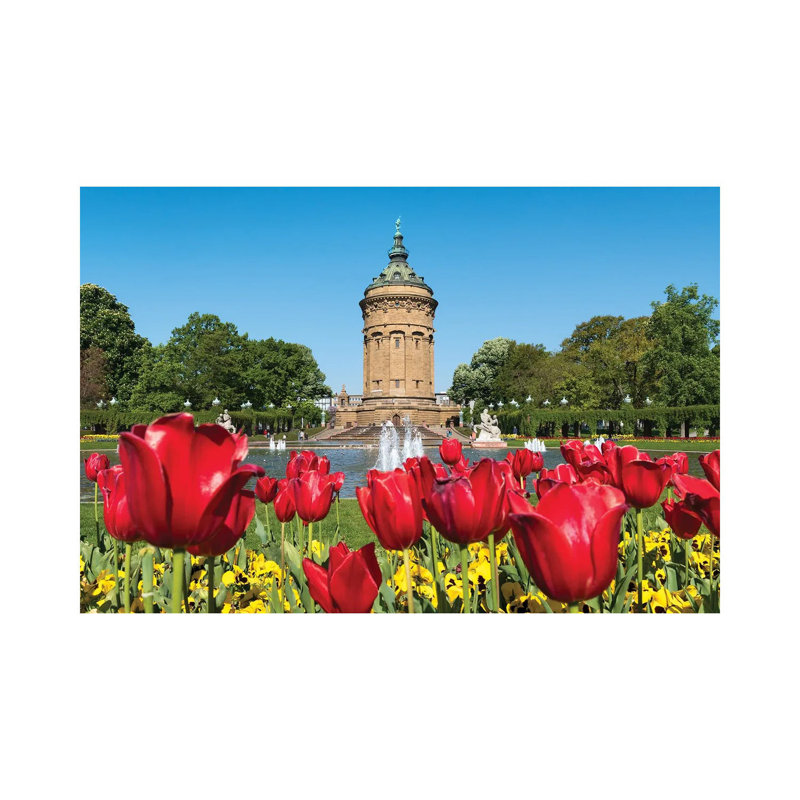 Red Tulip Flowers at the Mannheim Wasserturm in Spring, Baden-Württemberg, Germany 1 Piece Wrapped Canvas Wall Art