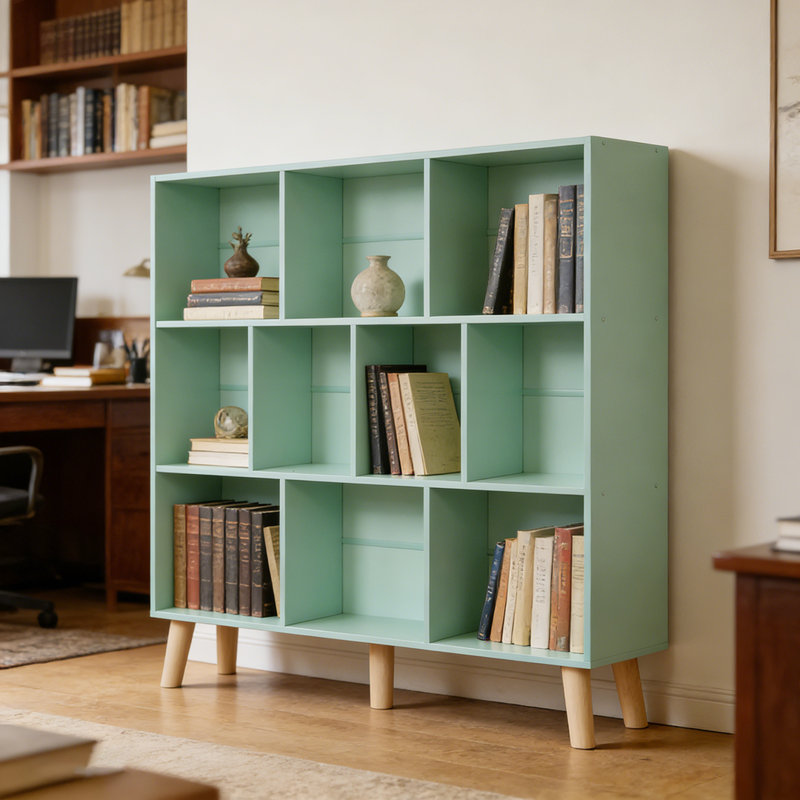 3 Tier Modern Wide Bookcase With Legs, Wood Freestanding Organizer Display Shelf, 10 Cube Bookshelf, Green