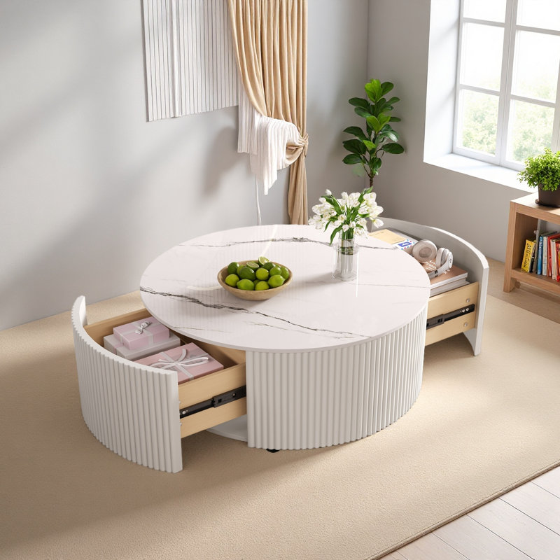 Table basse ronde moderne mobile avec roulettes, 2 tiroirs, plateau en pierre frittée à motif marbré