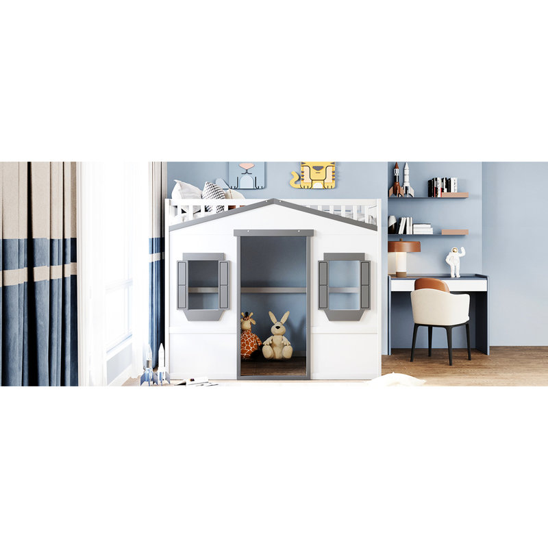 Lit mezzanine double en bois massif blanc et gris qui rehausse l'esthétique moderne de la chambre à coucher