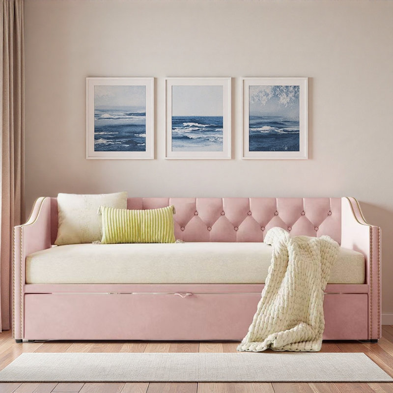 Upholstered Daybed With Pop Up Trundle, Pink