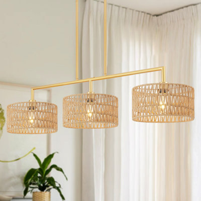 3-Light Dimmable Rattan Drum Kitchen Island Pendant Light