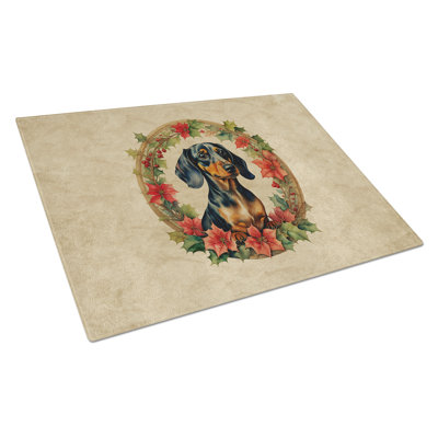 Dachshund Christmas Flowers Glass Cutting Board
