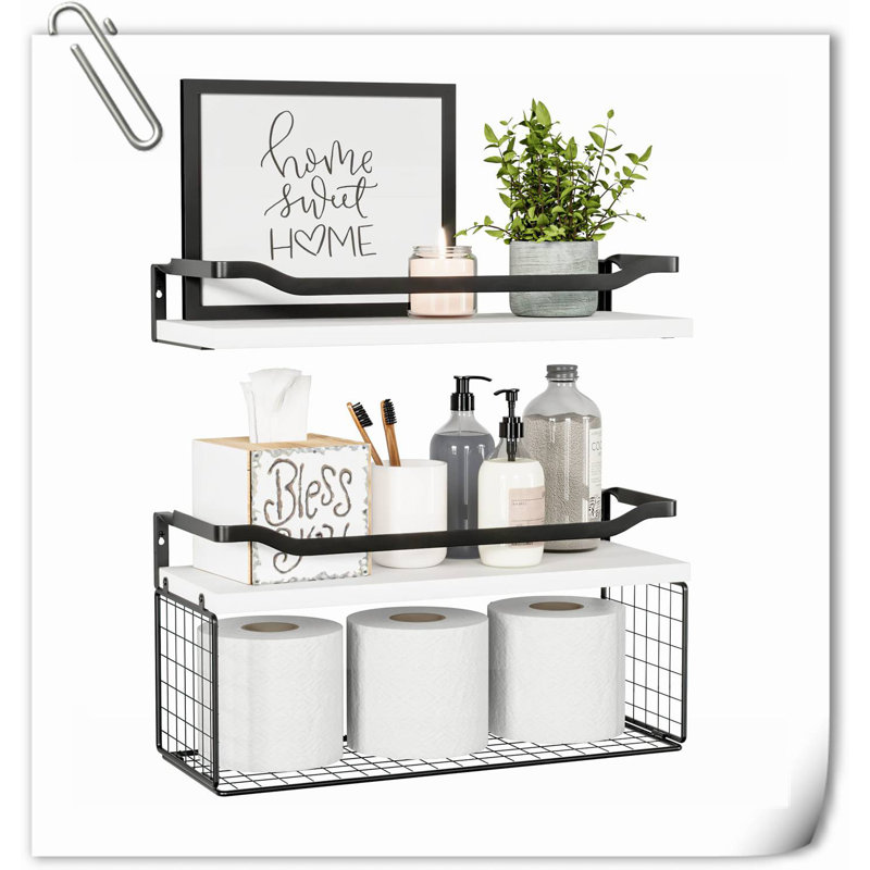Calogera 2 Piece Wood Floating Shelf, Natural Wood/Black/White