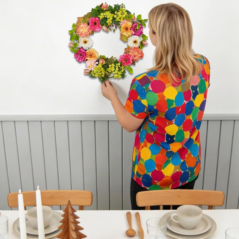 Couronne de printemps 18 po pour porte d'entrée avec hortensia et pivoine avec 2 paquets de fleurs, couronne de fleurs artificielle 22 po, décoration de maison de campagne