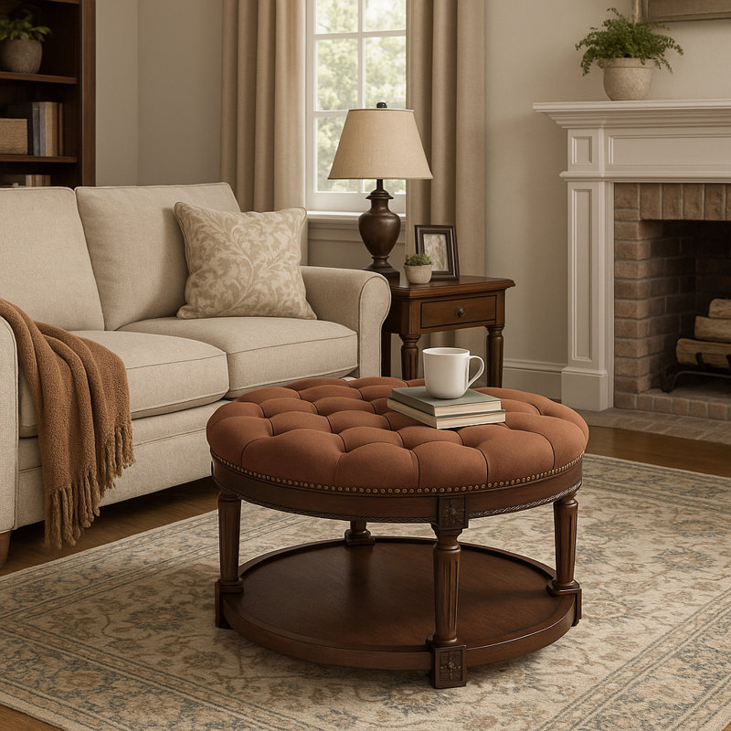 Maven Lane Mesa Round Upholstered Coffee Table In Aged Brown With Clay Brown Fabric, Brown Top/Dark Brown Base