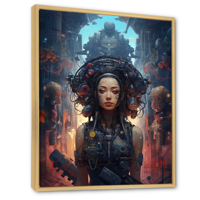 Portrait de la déesse Cyberpunk I - reproduction sur toile, 40" H x 30" W, Cadre naturel flottant