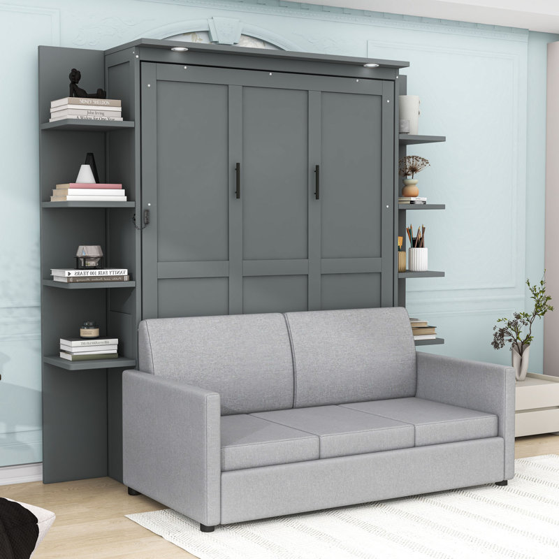 Grand lit escamotable avec canapé et tablettes de rangement, Gris